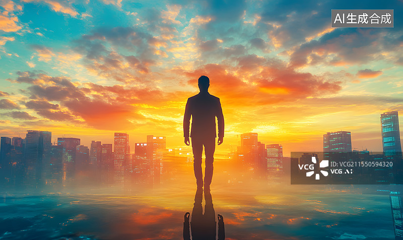 【AI数字艺术】一个人男人的全身背影剪影和城市天际线背景，成功人士商业商务人生感悟概念插图图片素材