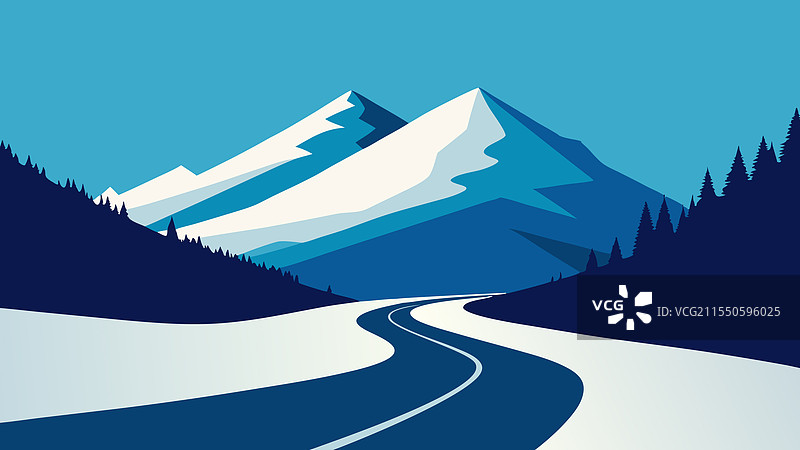 被雪覆盖的山路蜿蜒穿过一片图片素材