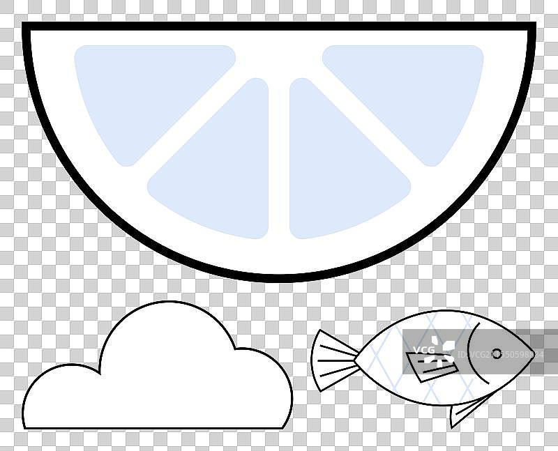 极简风格的黑色柠檬片、云朵和鱼图片素材