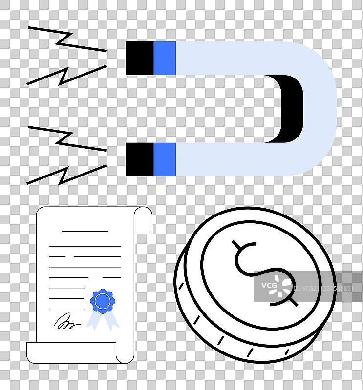 磁力吸引概念，包含文件和硬币图片素材