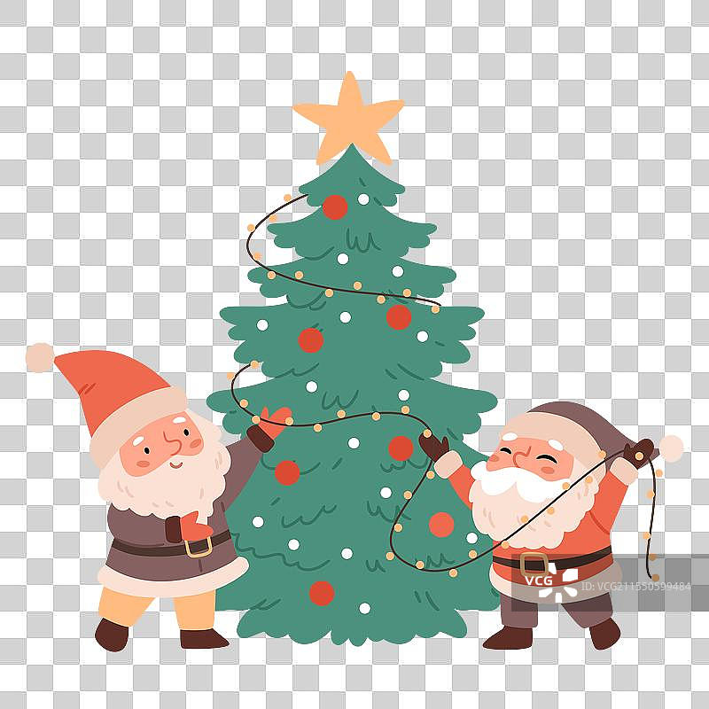 两个快乐的小矮人正在装饰圣诞树图片素材