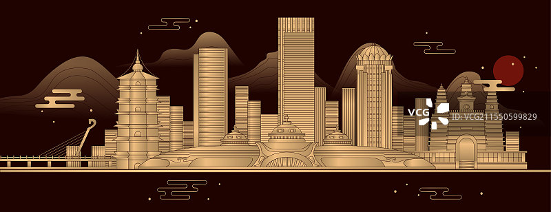 内蒙古呼和浩特城市天际线地标建筑矢量图图片素材