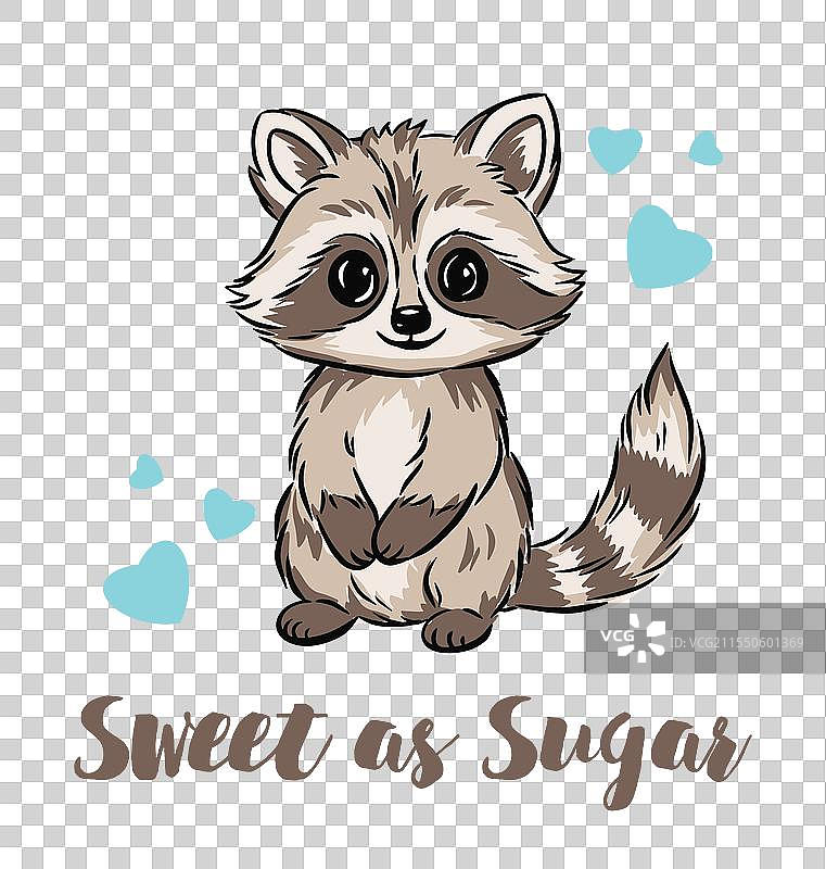 可爱的卡通浣熊，身上有浅蓝色的心形图案图片素材