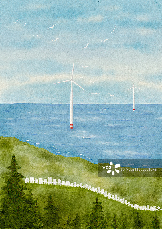 水彩海上风车图片素材