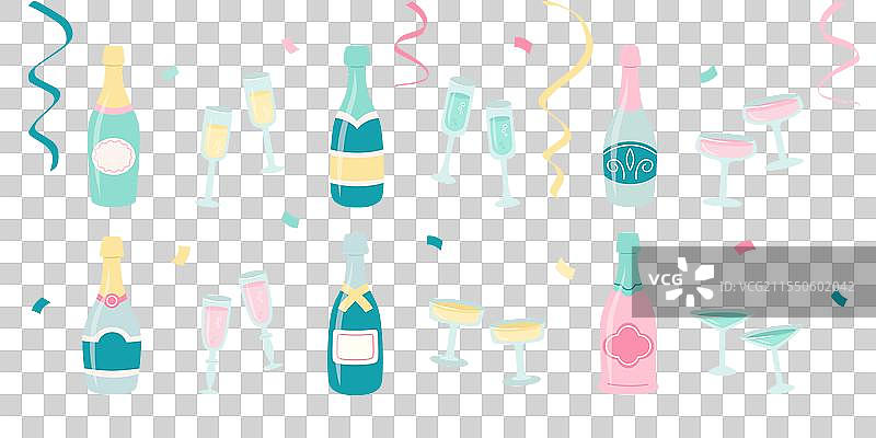 一组粉彩色香槟瓶和酒杯图片素材