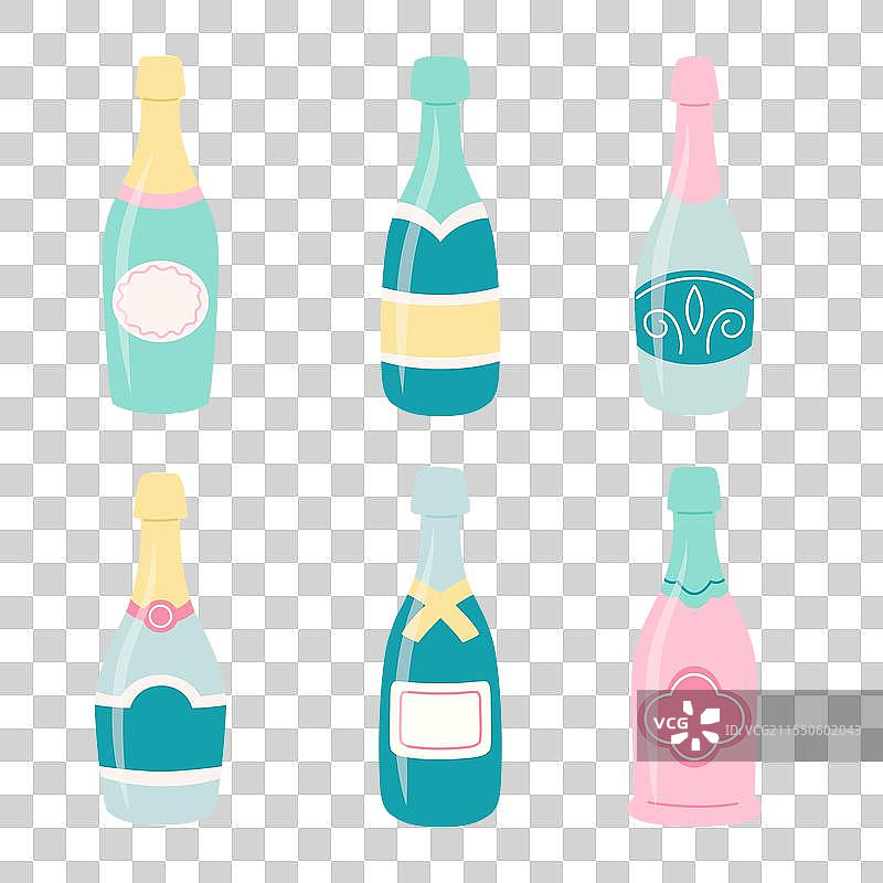 粉色调的香槟和葡萄酒瓶组合图片素材