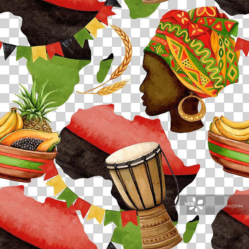 宽扎节的非洲地图散布无缝图案图片素材