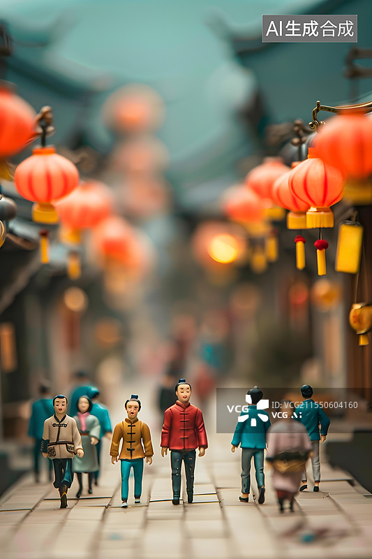 【AI数字艺术】微缩移轴摄影中国古风春节古镇场景图片素材