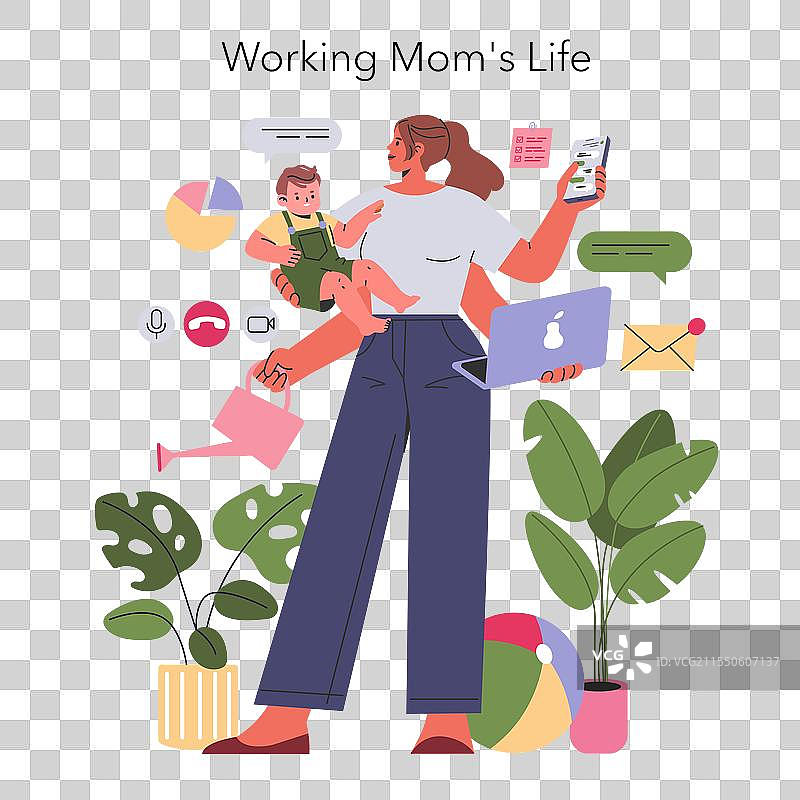 职场妈妈的生活扁平化图示图片素材