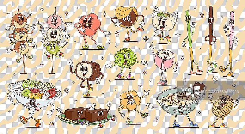 复古风格的卡通亚洲甜点和糖果图片素材
