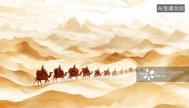 【AI数字艺术】沙漠中骑骆驼的商旅队伍插画，丝绸之路一带一路共同发展概念图片素材