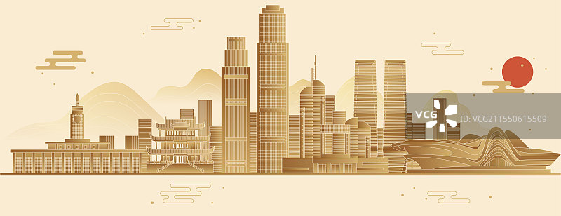 湖南长沙城市天际线地标建筑扁平矢量图图片素材