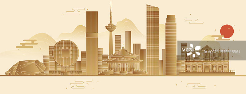 辽林沈阳城市天际线地标建筑扁平矢量图方圆大厦沈阳故宫盛京大剧院张氏帅府CBD图片素材
