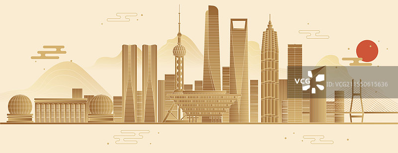 上海城市天际线地标建筑扁平矢量图图片素材