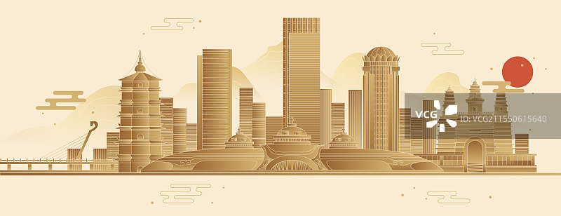 内蒙古呼和浩特城市天际线地标建筑扁平矢量图图片素材