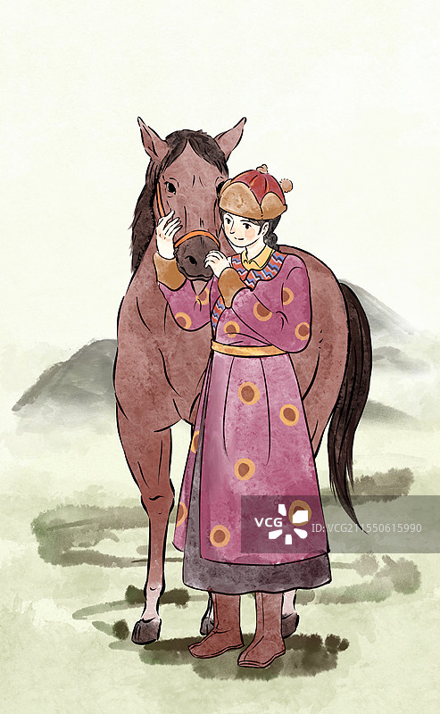 一个蒙古族少女和一匹马少数民族插画图片素材
