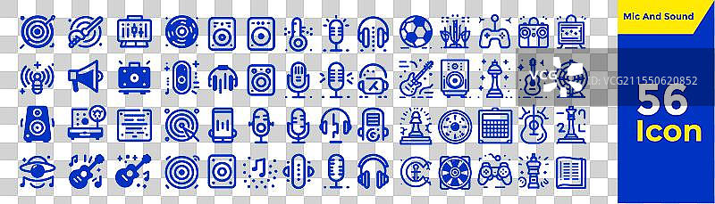 一组56个关于音乐和声音的蓝色线条图标图片素材