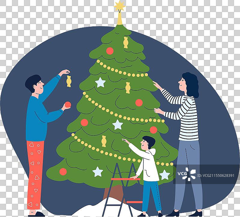 一家人正在一起装饰圣诞树图片素材