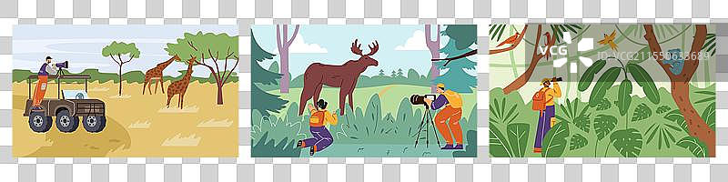 一组角色在观察野生动物图片素材