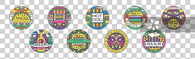美食节标志和圆形贴纸套装图片素材