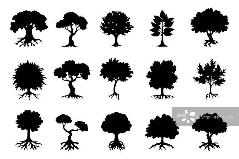 孤立的树木轮廓集，根系简约图片素材