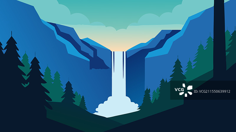 瀑布从石头上流过，被茂密的树木环绕图片素材