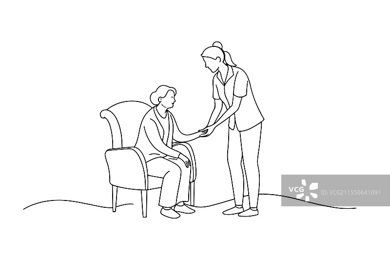女人探望她年迈的母亲，连续线条画图片素材