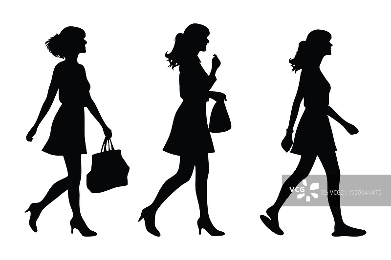 年轻女性行走剪影集，独立扁平设计图片素材