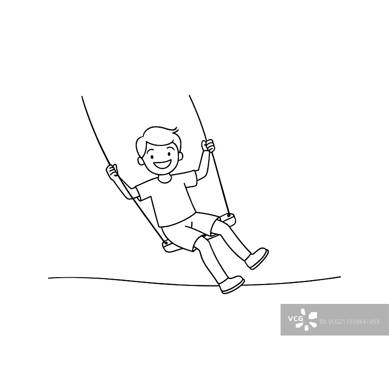 卡通图像中一个男孩快乐地荡秋千图片素材