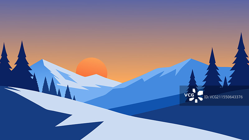 明亮天空下的雪景，树木环绕图片素材