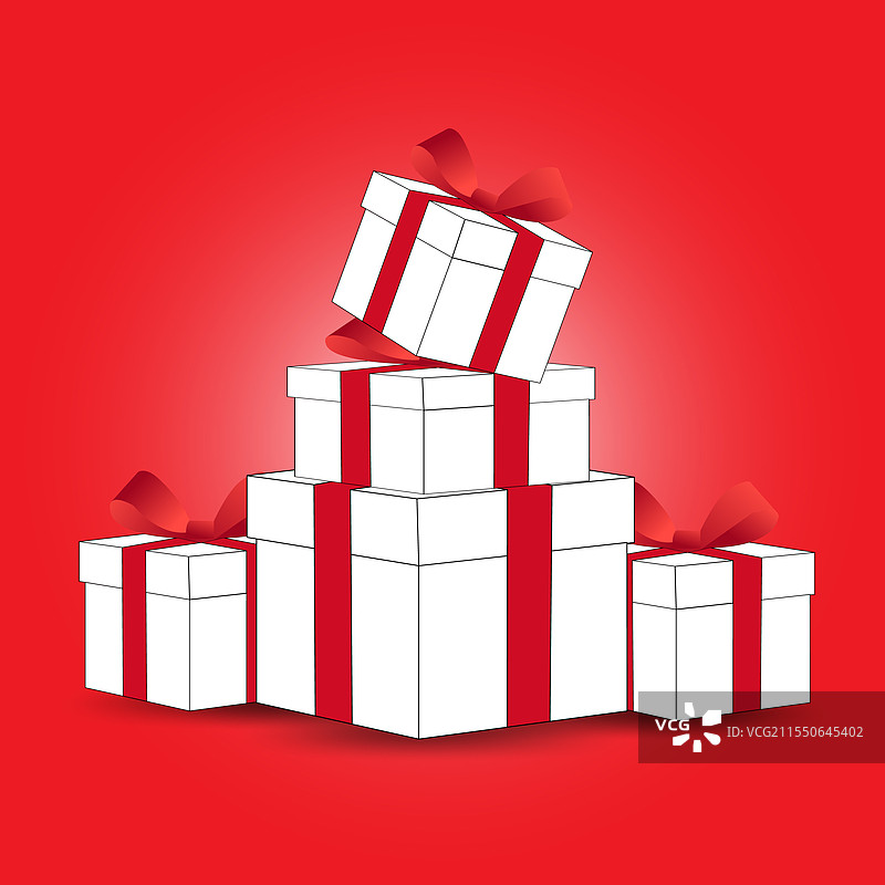 一堆带有蝴蝶结和丝带的礼品盒，背景为红色图片素材
