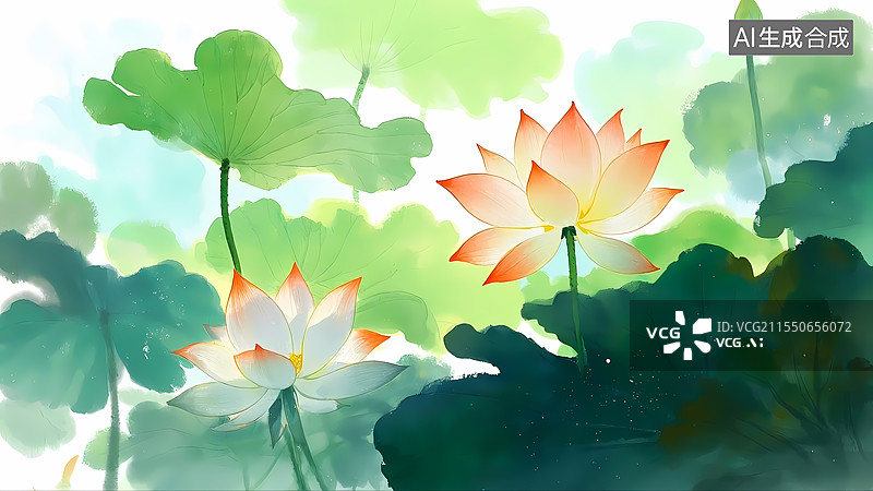 【AI数字艺术】夏天荷塘插画图片素材