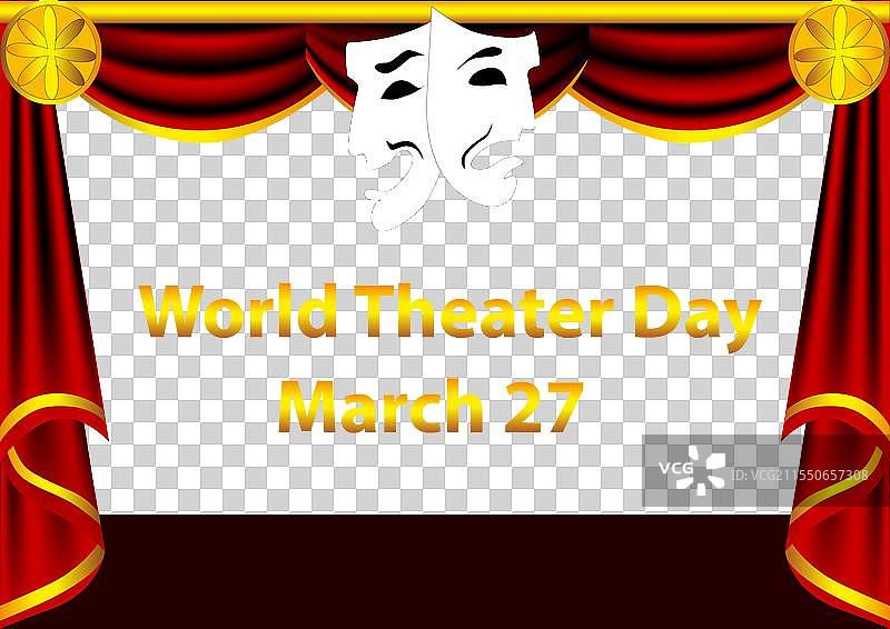 世界戏剧日海报，日期为3月27日，配有窗帘图片素材