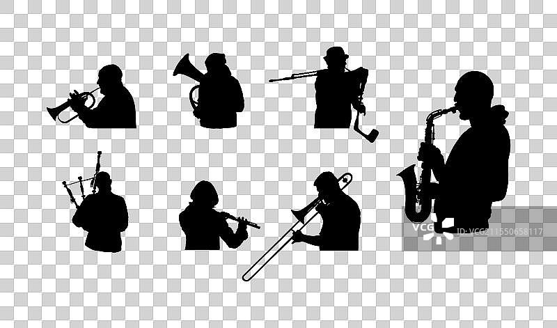 铜管乐队演奏者剪影与吹奏乐器图片素材