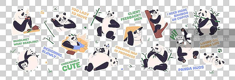 一组可爱的熊猫贴纸，带有漫画短语图片素材