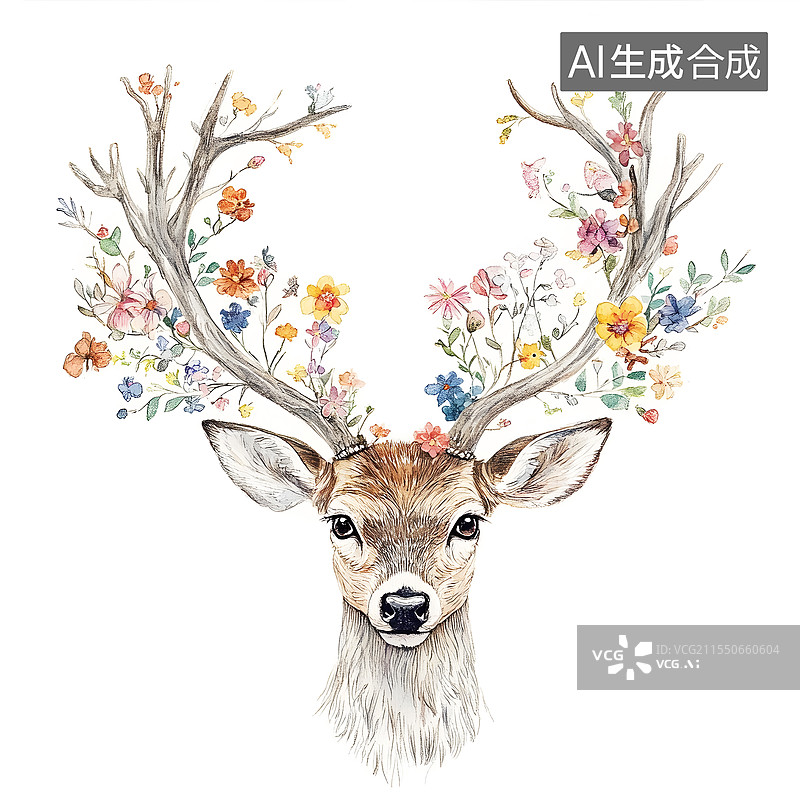 【AI数字艺术】AIGC：鹿角上开满了春天花朵，春天来了，插图插画图片素材