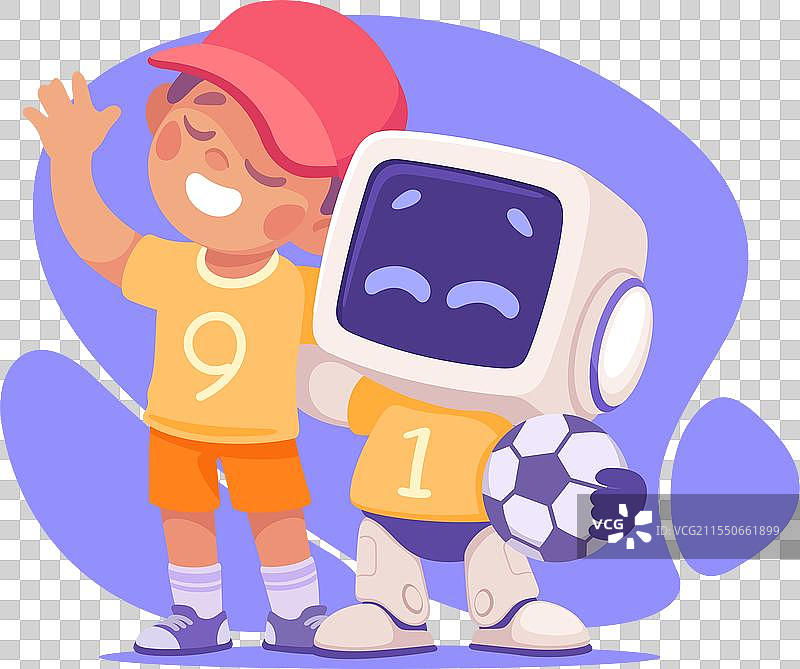 机器人角色与男孩一起踢足球，显得聪明。图片素材