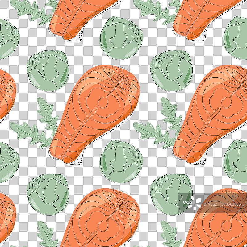 三文鱼排、球芽甘蓝和芝麻菜图片素材