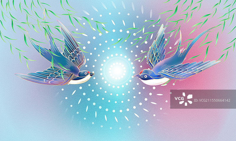 手绘春天杨柳燕子双飞燕插画图片素材