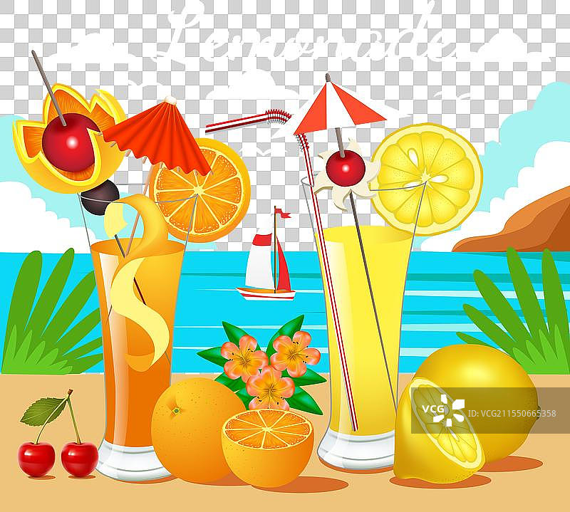 海边的水果和浆果柠檬水组合图片素材