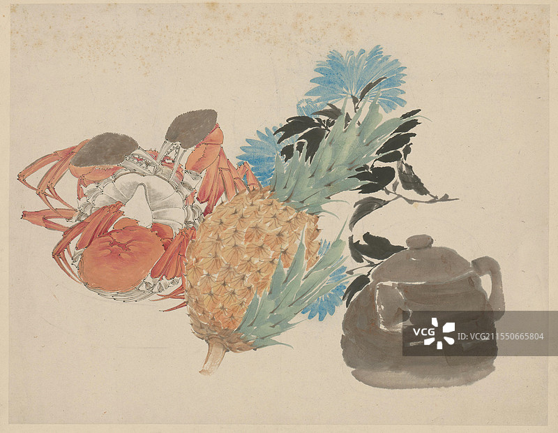 中国古代绘画艺术品，任頣，菠萝菊蟹页图片素材