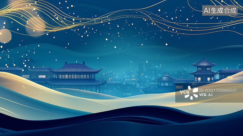 【AI数字艺术】中式传统庙宇亭台楼阁插画背景图片素材