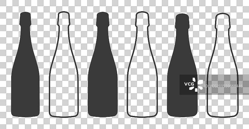 香槟瓶轮廓与酒杯和葡萄酒瓶的组合图片素材