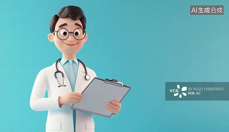 【AI数字艺术】一个卡通风格的女生形象。穿着白色的大褂，脖子上挂着听诊器，手里拿着一个文件夹，面带微笑图片素材