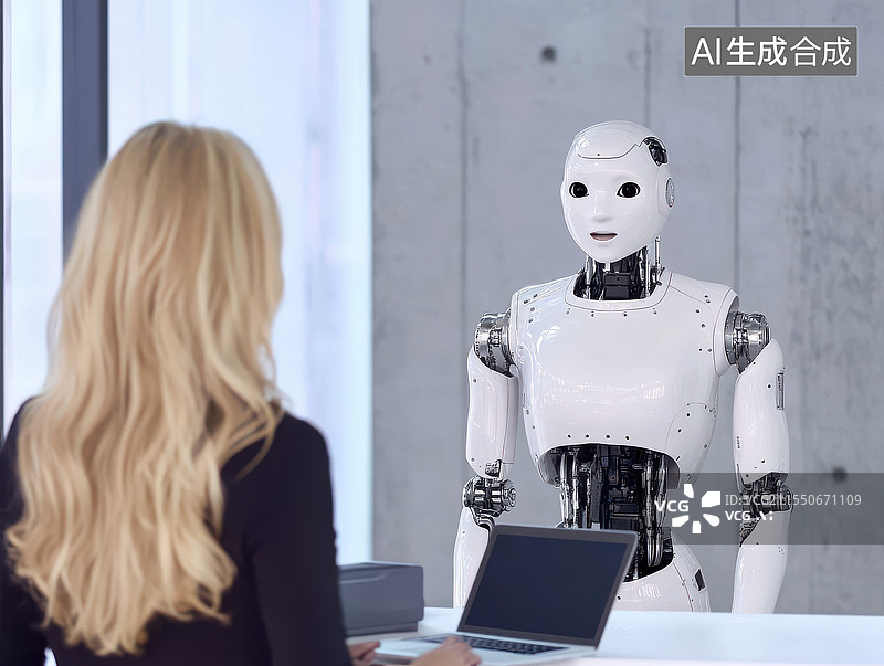 【AI数字艺术】AI智能机器人做面试官与人沟通的概念图片素材