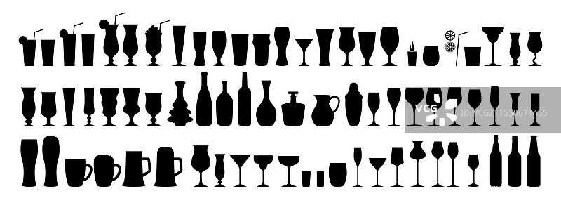 酒吧各种酒精鸡尾酒杯的剪影图片素材