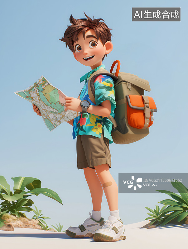 【AI数字艺术】拿着地图旅行的男生插画图片素材