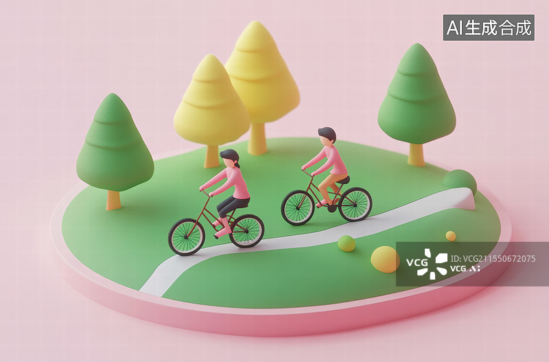 【AI数字艺术】一个卡通风格的场景，画面中有两个人物骑着一辆双人自行车。背景是一个粉红色的平面，上面有一块绿色的草地图片素材