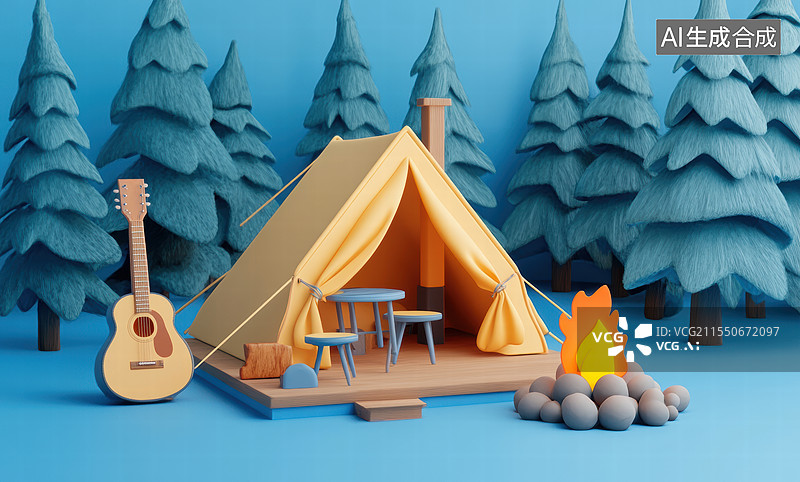 【AI数字艺术】一个宁静的露营场景。画面中有一个帐篷，旁边是一个燃烧着的篝火，周围是茂密的松树林和一些岩石。图片素材