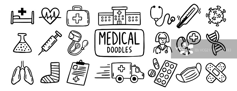 医疗保健涂鸦手绘图标集图片素材